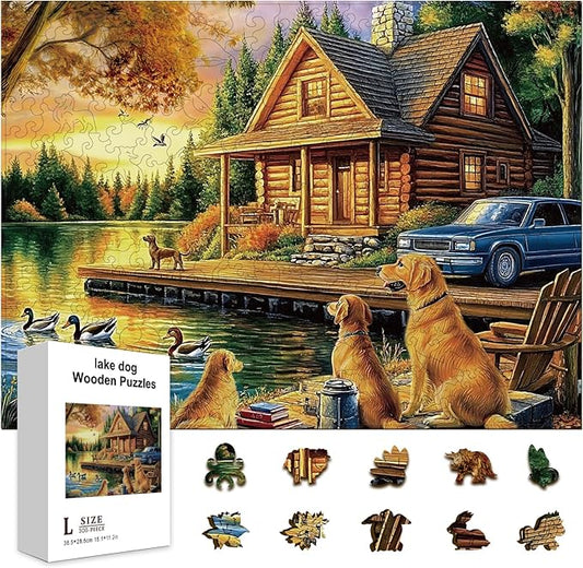 GLOBLELAND 300Pcs Lake Dog Wooden Jigsaw Puzzles for Adults 11.22x15.16inch Colorful Golden Retriever and Duck Wood Puzzles Holiday Birthday Gifts