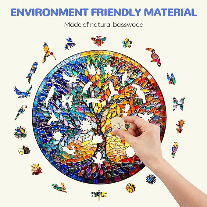 WOODBESTS Wooden Puzzles for Adults, Stained Glass Tree Wood Puzzles Adult(100 Pieces, S, 8.5 * 8.5in), Unique Shape Wooden Animal Jigsaw Puzzles, Birthday Gifts for Adults Family Game