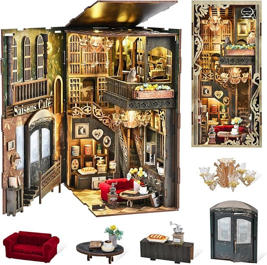 Book Nook Kit, DIY Miniature Dollhouse Kit 3D Puzzles for Adults Tiny House Mini Home Craft Bookshelf Nook Puzzle Book Decor Gifts for Teenagers Book Lovers (Saisons Café)