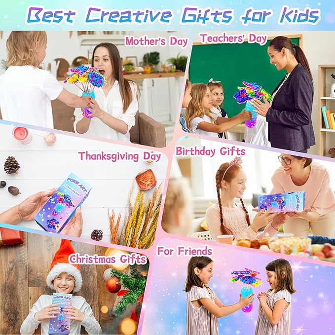 FJBICODA Poke Art Flower Bouquet Craft Kit - Arts and Crafts for Girls Ages 5-12 - Make Your Own Bouquet with 8 Flowers 2 Butterflies & 1 Vase - DIY Activities Gifts for 5 6 7 8 9 10+ Year Old Kids