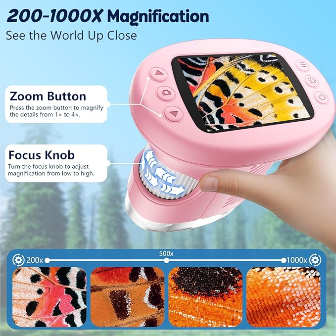 1000X Handheld Microscope for Kids, 4K 2.4" Screen Digital Kids Microscopes with 12 Slides, Portable Edu Toys Gifts for Age 3 4 5 6 7 8 9 10 11 12 Year Old Boys Girls Children Students(Pink)