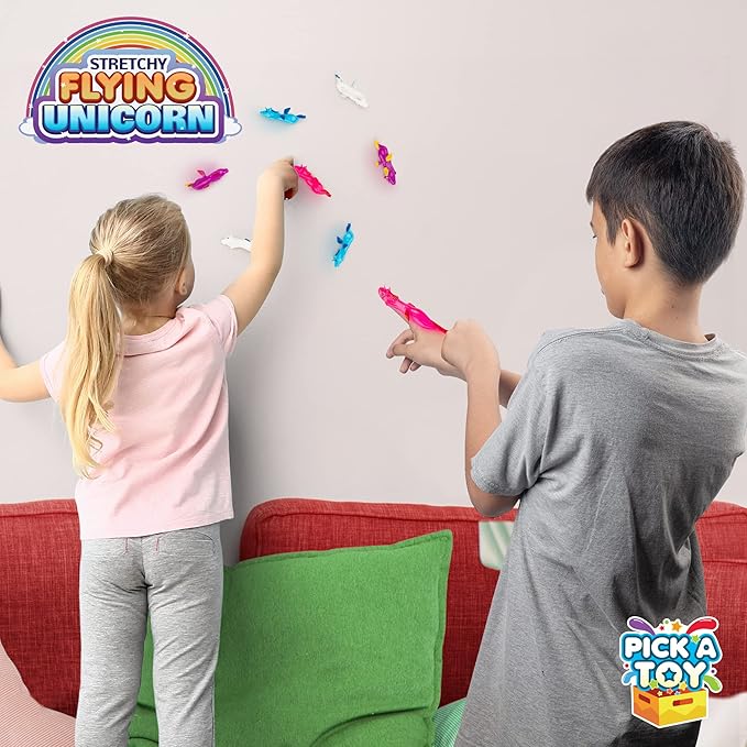 PICK A TOY Unicorn Favor Toys for Girls and Boys, 24 Pcs Rubber Finger Flicker Stretchy Slingshot for Kids, Birthday Goodie Bag, Unicorn Party Favors, Classroom Treasure Chest Treats