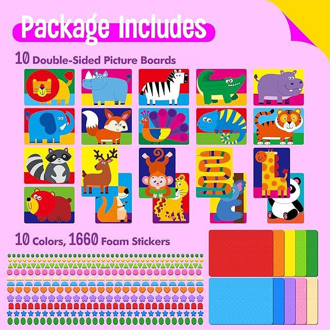 Foam Sticker Art Activity, 20 Wild Animal Art Boards with 1660 Foam Stickers in 10 Colors, Funny DIY Activity Creative Craft Kits Travel Game for Kids, Boys & Girls