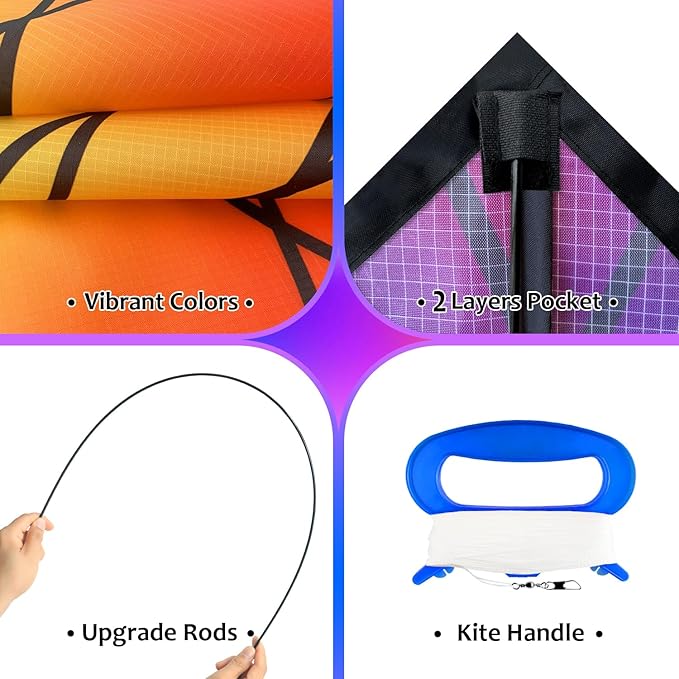 HONBO Large Delta Kite for Kids & Adults,Extremely Easy to Fly Kite for Beach Trip,String Line Included,with Colorful Tail,Perfect for Beginners