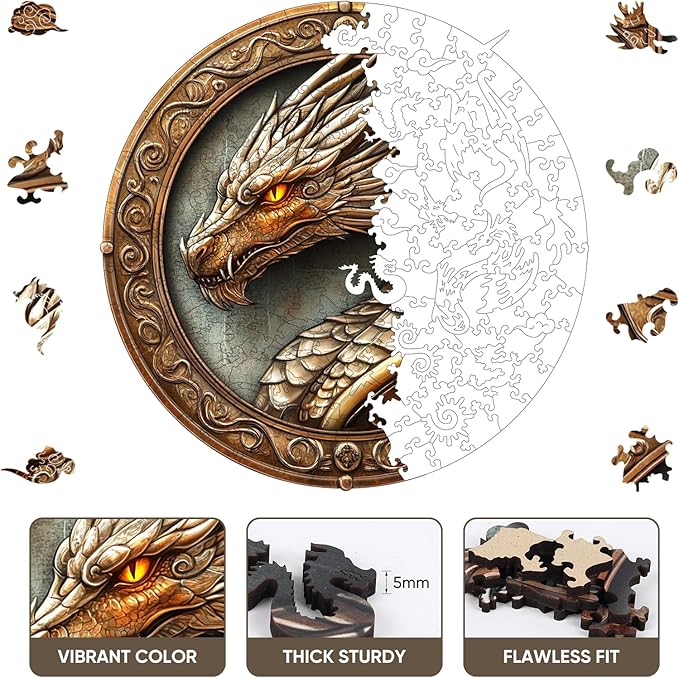 Wood Puzzles Adult, 200 Pieces Dragon Wooden Puzzles,Extra Thick 5MM,Unique Shaped Jigsaw Puzzles for Adults and Kids,Best Birthday Gift and Family Game,11.2"*11.2"