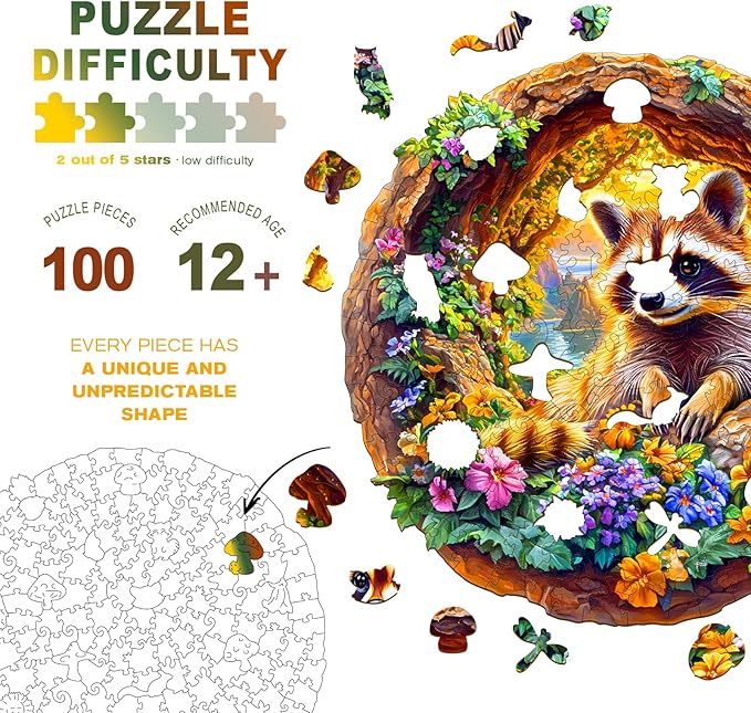 Wooden Puzzles for Adults - Raccoon on Vacation Wooden Jigsaw Puzzle - Unique Animal Shaped Wood Puzzles Adult - Christmas Birthday Gifts for Adults/Friends/Family - 100pcs 8.5 * 8.4in