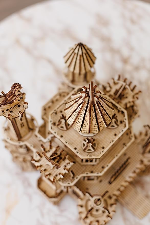 Wood Trick Dragon Castle Movable Wooden 3D Puzzles for Adults to Build - Red LED - Greensleeves Melody - Towers Rotating - Engineering DIY Project Mechanical Model Kits for Adults