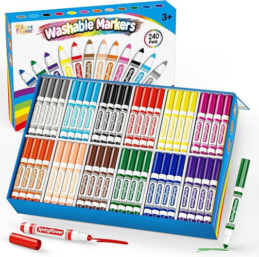 SpringFlower 240 Count Washable Markers Bulk, Markers Bulk Back to School Classroom Supplies In 12 Assorted Colors, Broad Tip for Kids, Classroom School Teacher Must Haves