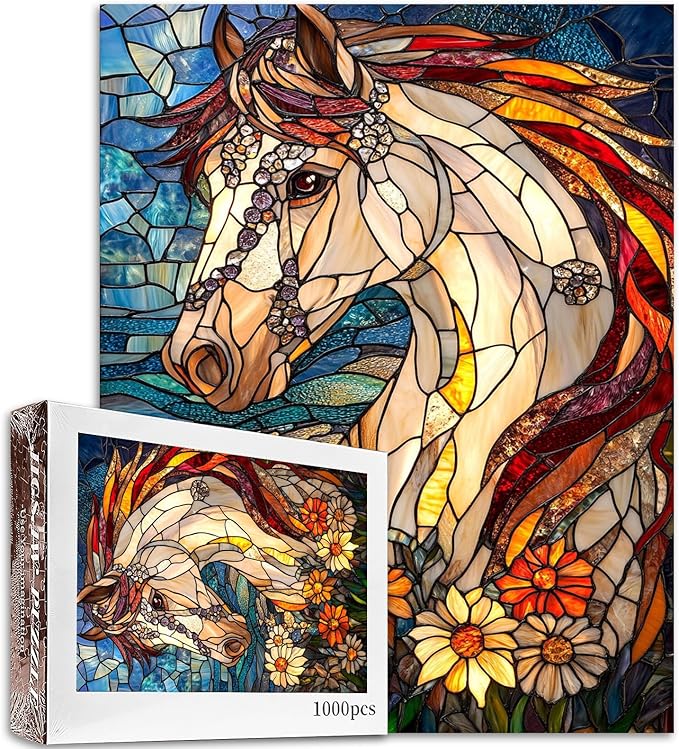 Tucocoo Jigsaw Puzzles 1000 Pieces for Adults-Horse Glass Style Seaside Puzzle-Challenging Puzzle Perfect for Game Nights-DIY Home Wall Decor-Art Puzzles Stained Glass Farmhouse Horse 27" x 20"