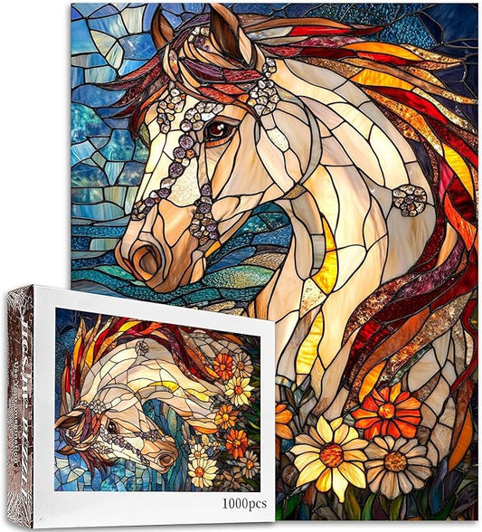 Tucocoo Jigsaw Puzzles 1000 Pieces for Adults-Horse Glass Style Seaside Puzzle-Challenging Puzzle Perfect for Game Nights-DIY Home Wall Decor-Art Puzzles Stained Glass Farmhouse Horse 27" x 20"