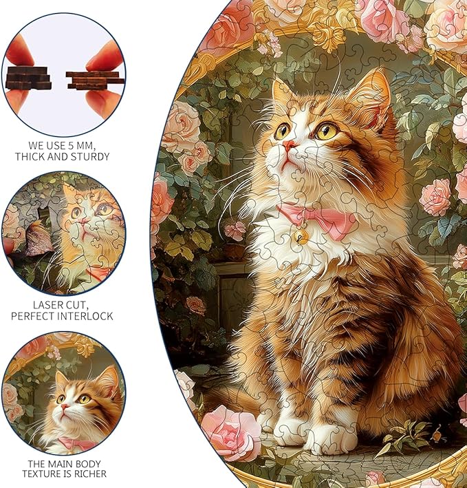 Wooden Jigsaw Puzzle, 200-500 Pieces Unique Shape Animal Puzzle, for Adults & Kids, Birthday Gift Family Game, Decorative Puzzle, Unique Gift (Rosy Kitty, 200 PCS)