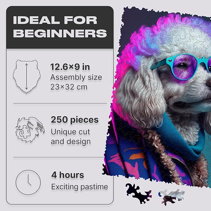 UNIDRAGON Original Wooden Jigsaw Puzzles - Pop Art Glow Up Collection - Sir Poodle - Dog Puzzle 250 Pieces, Beautiful Gift Package, Wooden Puzzle for Adults