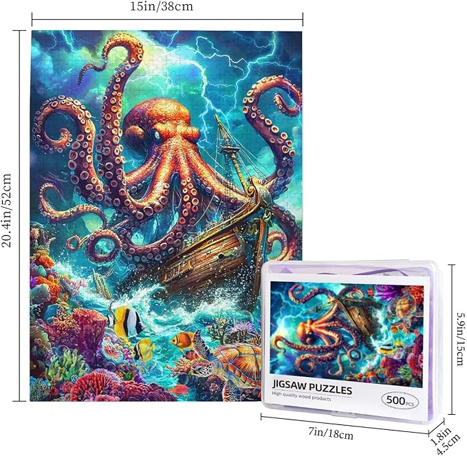 Octopus Ocean Puzzle for Adults 500 Pieces Octopus Pirate Ship Ocean Sea Jigsaw Puzzles Marine Artwork Colorful and Fun Challenging Puzzle for Game Nights