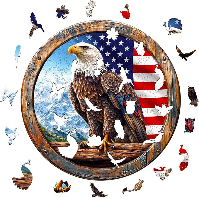 KAAYEE Wooden Puzzles for Adults, 3D Vision Effect Bald Eagle Wooden Jigsaw Puzzle Unique Shape Wood Puzzle Adult, 3D Effect Flat Puzzle Birthday Gifts Family Game (XL-17.3 * 17.3 in-450pcs)