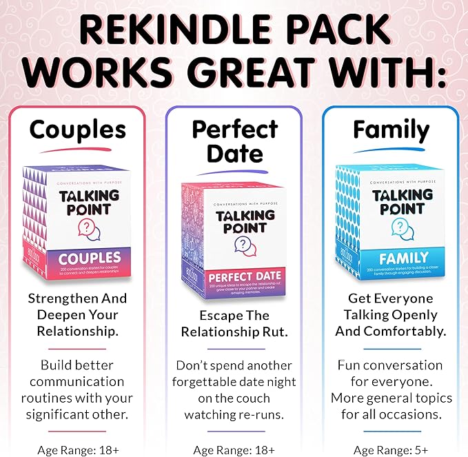 TALKING POINT CARDS 200 Couples Conversation Cards - Rekindle Game for Married Questions Long Term Relationships Fun Topics Build Intimacy & Strong Bonds Road Trips, Anniversary, Date Night