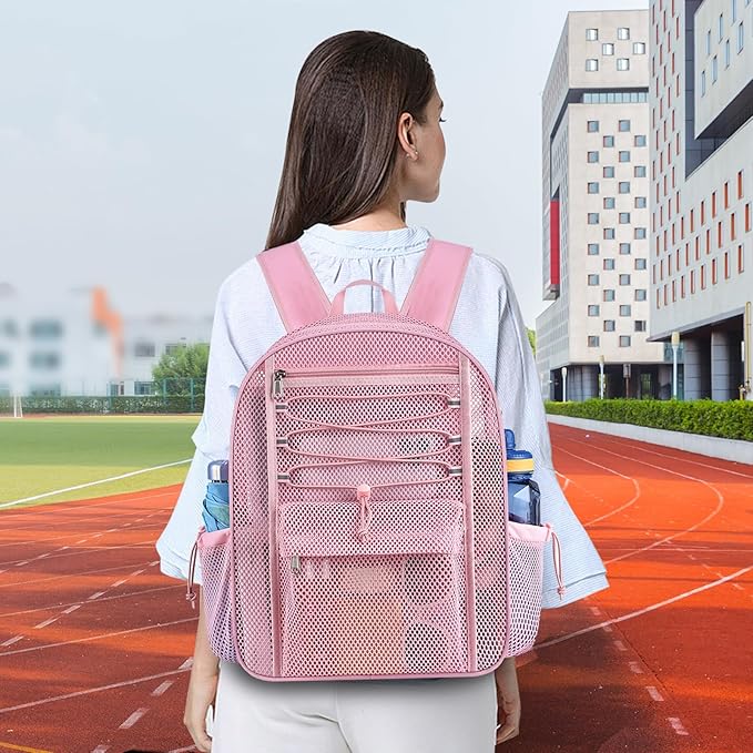 Mesh Backpack Heavy Duty for School, 24L Large Mesh Bookbag for Adults, Black School Bag with Comfort Padded Straps for Work Swimming Beach Fitness Sport(Pink)