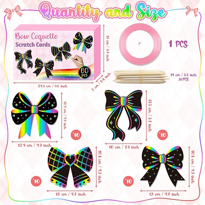 CY2SIDE Coquette Bow Scratch Cards - 60PCS DIY Bow Scratch Paper Craft for Kid, Funny Girl Coquette Knot Color Scrape Art Card, Magic Arty Rainbow Color Craft Ornament for School Classroom Art Project