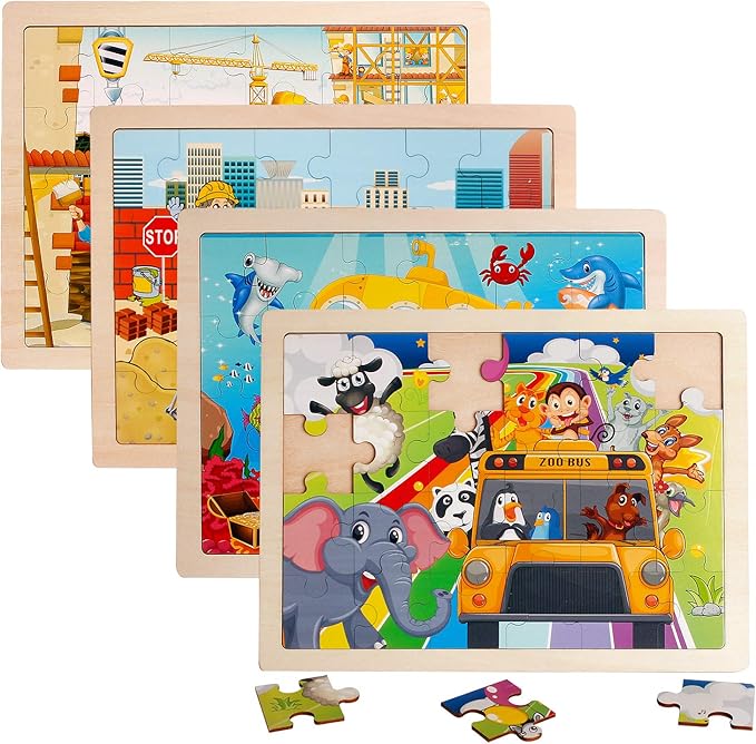 24 Piece Puzzles for Kids Ages 3-5 4 Packs Wood Puzzles for Kids Ages 4-6 Preschool Education Jigsaw Puzzle Board Toy Gifts for Boys and Girls
