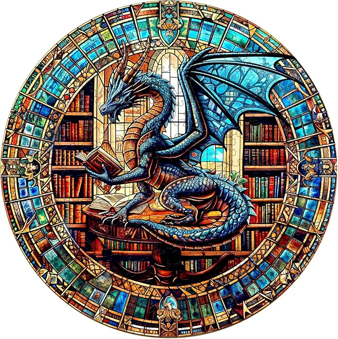 Wooden Puzzles for Adults - The Dragon's Library Wooden Jigsaw Puzzle, Unique Animal Shaped Wood Puzzles Adult, Christmas Birthday Gifts for Friends/Family, Home Decor 11.4 * 11.4in 200pcs