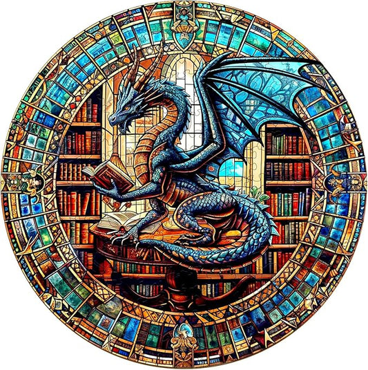 Wooden Puzzles for Adults - The Dragon's Library Wooden Jigsaw Puzzle, Unique Animal Shaped Wood Puzzles Adult, Christmas Birthday Gifts for Friends/Family, Home Decor 13.4 * 13.4in 300pcs