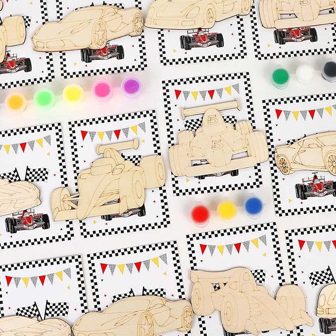 LARDUX Race Car Party Favors, 24PCS DIY Wooden Arts & Crafts Painting Kit for Kids, Glow in The Dark Party Favors Family Crafts Birthday Party Christmas Gifts Toys for Boys Girls