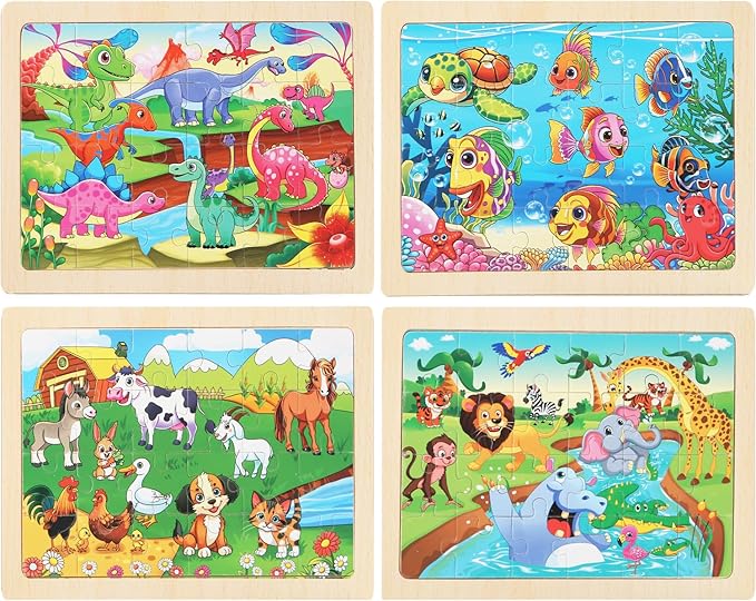 Puzzles for Kids Ages 4-6, 4 Packs 24 Piece Wooden Jigsaw Puzzle for Toddlers 5-8, Preschool Educational Puzzle Boards Toys Gifts for 4 5 6 7 8 Boys Girls