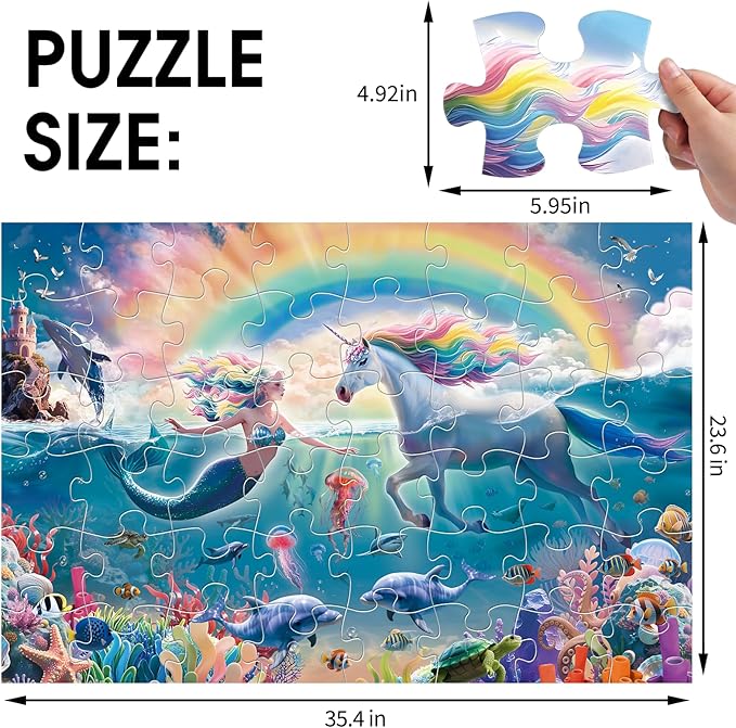 Jumbo Floor Puzzle for Kids Ages 4-8, 48-Piece Unicorn and Mermaid Underwater Jigsaw Puzzle, Large Educational Toys for Toddler Girls and Boys, Gift for 3-5 Year Olds