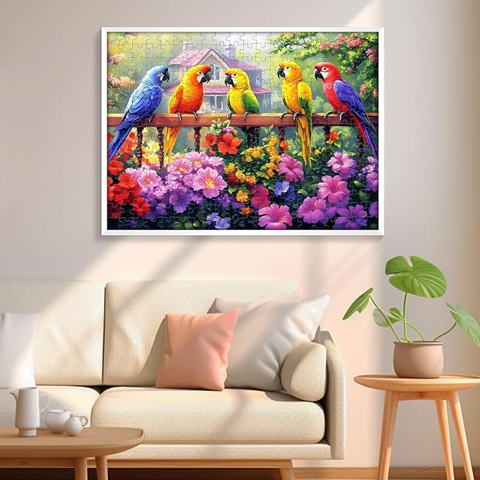 300 Piece Puzzles for Adult, Colorful Parrots Jigsaw Puzzle 300 Pieces for Adults Kids Seniors, Beautiful Challenging Garden House Adults Puzzle for Family and Friends Party Gifts 20.5×15 in