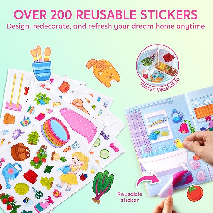 Klever Kits Reusable Sticker Book for Kids, My Dream Home 4 Play Scenes with 200+ Washable Stickers Plane Activity for Toddler Aged 3 4 5 6 7 8 Girls and Boys Birthday Gift