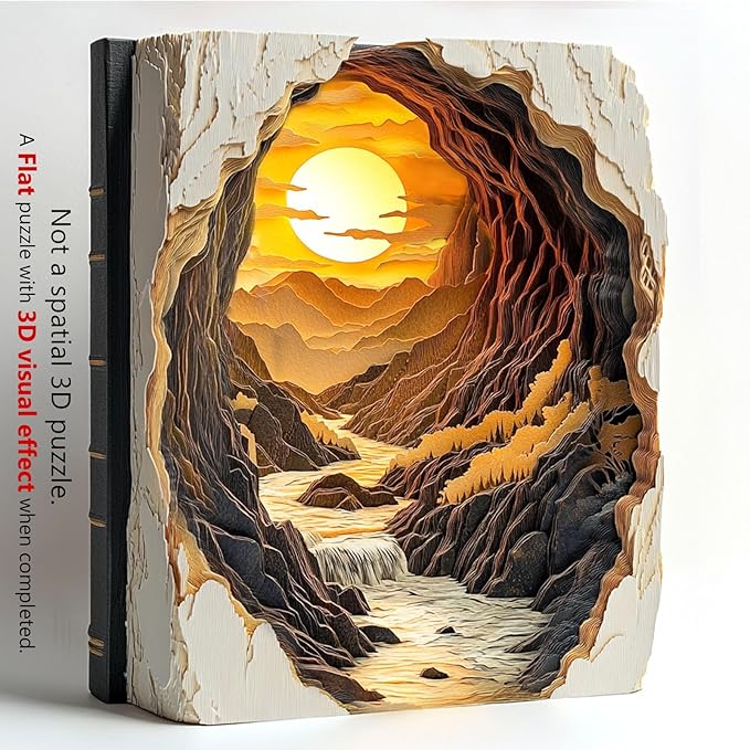 Wooden Puzzles for Adults, 3D Vision Effect Sunset Book Wooden Jigsaw Puzzle Unique Shape Wood Puzzle Adult, Challenge Flat Puzzle Birthday Gifts Family Game (L-13.4 * 11.2in-285pcs)