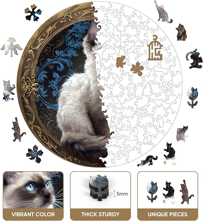 Ruikiyart Wooden Puzzles for Adults, 5MM 500 Pieces Siamese Cat Jigsaw Puzzles, Unique Shapes Pieces Gift for Kids and Adults on Birthday, Thanksgiving, Christmas (16.7"x16.7")