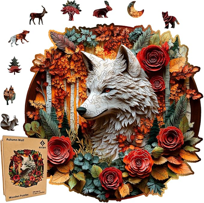 Wooden Jigsaw Puzzle, 200-500 Pieces Unique Shape Animal Puzzle, for Adults & Kids, Birthday Gift Family Game, Decorative Puzzle, Unique Gift (Autumn Wolf, 300 PCS)