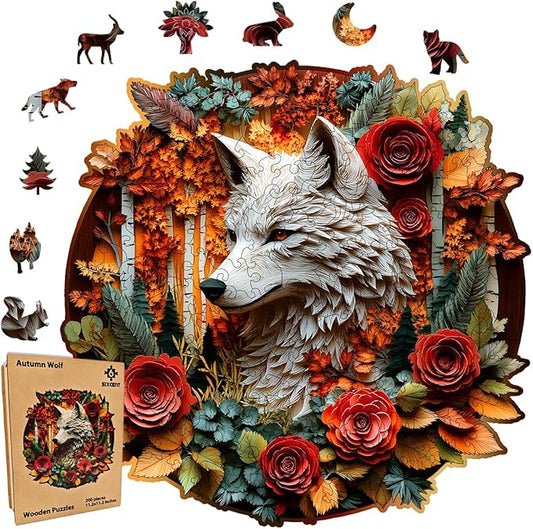 Wooden Jigsaw Puzzle, 200-500 Pieces Unique Shape Animal Puzzle, for Adults & Kids, Birthday Gift Family Game, Decorative Puzzle, Unique Gift (Autumn Wolf, 300 PCS)