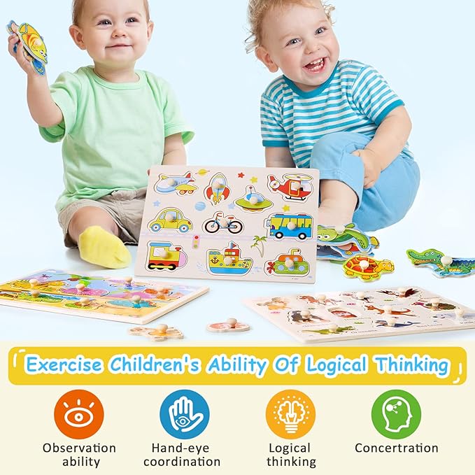 Chivao 10 Pack Wooden Peg Puzzles for Toddlers Jigsaw Learning Puzzles for Kids Wooden Toddler Toys with Alphabet Number Animal Vehicle Shape