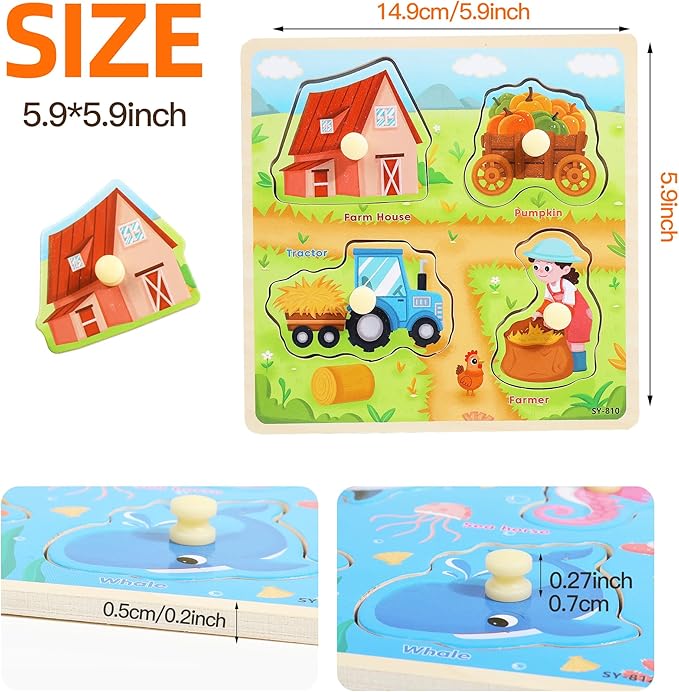 6PCS Wooden Toddler Puzzles, Montessori Toys Peg Puzzles for 3-5 Kid, Toddler Learning Educational Toys Kids Puzzle -Dinosaur, Farm, Farm Animals, Sea Animals, Fruit, Baby Puzzle Gift for Boys Girls