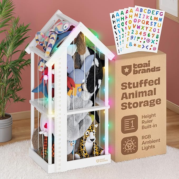 Stuffed Animal Zoo Storage Cage | Wooden Plush Tower Storage | Durable Plush Toy Stuffie Holder | Vertical Jail Organizer With Height Ruler, Stickers & Rgb Light (White)
