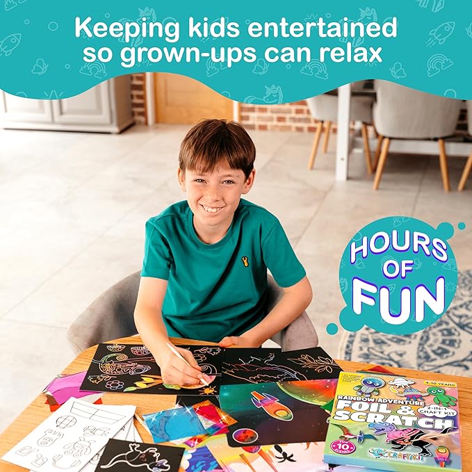 Craftikit ® Rainbow Adventure Foil Art & Scratch Art for Kids- 2-in-1 Arts and Crafts Kit for Kids Ages 4-10 - Rainbow Crafts for Boys Ages 4, 5, 6, 7, 8, 9, 10