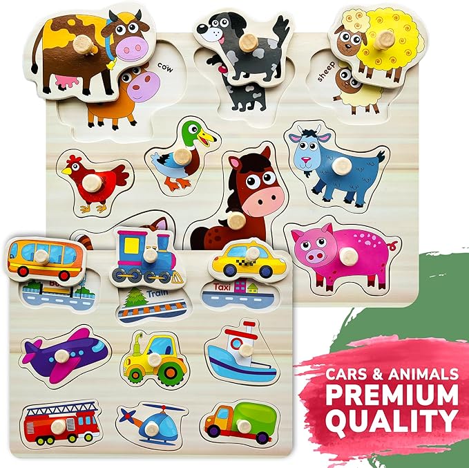 QUOKKA Wooden Puzzles for Toddlers 1-3 - 6XSET Toddler Puzzles Ages 2-4 with Rack - Learning Alphabet - Numbers - Animals Montessori Toy for Kids 3-5 - Wood Games Gift for Boys and Girls