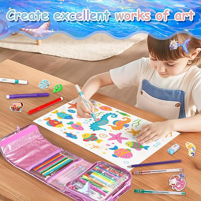 Mermaid Gifts for Girls, Washable Scented Markers Set for Kids, Include Glitter Pencil Case, Markers, Glitter Pens, Crayons 98Pcs Art Supplies Coloring Kit Birthday Christmas Gifts for Girls