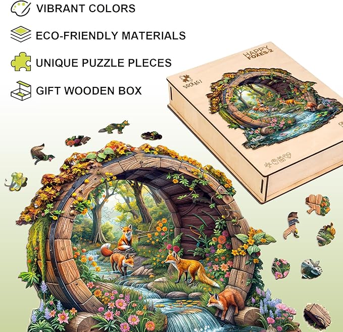 Wooden Puzzles for Adults - Happy Foxes Wooden Jigsaw Puzzle - Unique Animal Shaped Wood Puzzles Adult - Christmas Birthday Gifts for Adults/Friends/Family - 100pcs 8.5 * 8.3in