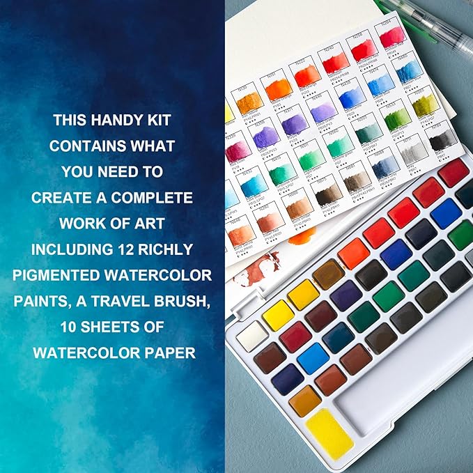 Woomer Watercolor Paint Set, 36 Vibrant Colors with Water Brush & 10 Premium Cotton Watercolor Papers (32K), Perfect for Beginners, Students, Hobbyists and More