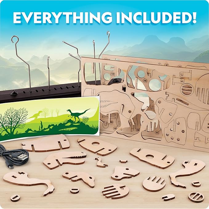 National Geographic Motorized Dinosaur 3D Puzzle - 50-Piece 3D T. Rex Wood Model Kit with Light-Up Motorized Display Base and 8 Light Settings, 3D Puzzles for Kids, Buildable Dinosaur Model