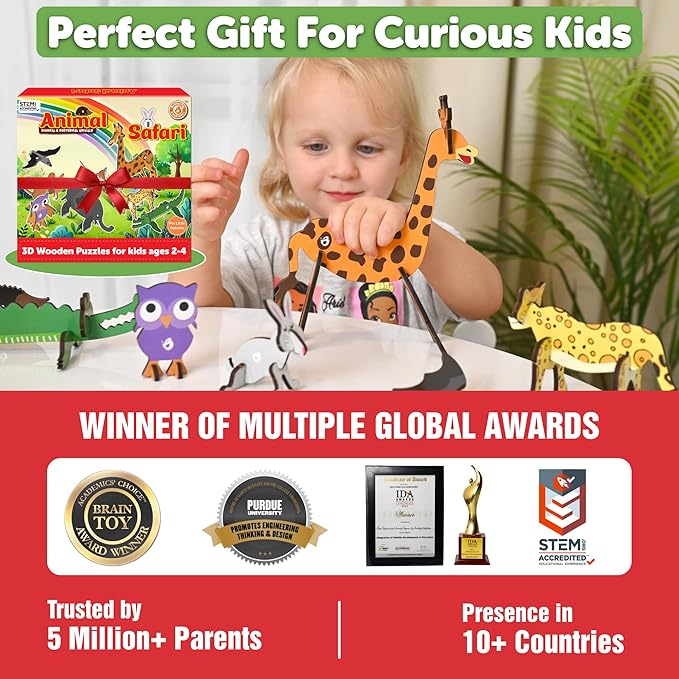 Butterfly EduFields 3D Wooden Animal Puzzles for Kids for Age 2-4 Girl & Boy | Birthday Gift for Kid Ages 2,3,4 Years | Educational Toys for Kids 2,3,4 Years | DIY Craft Kit