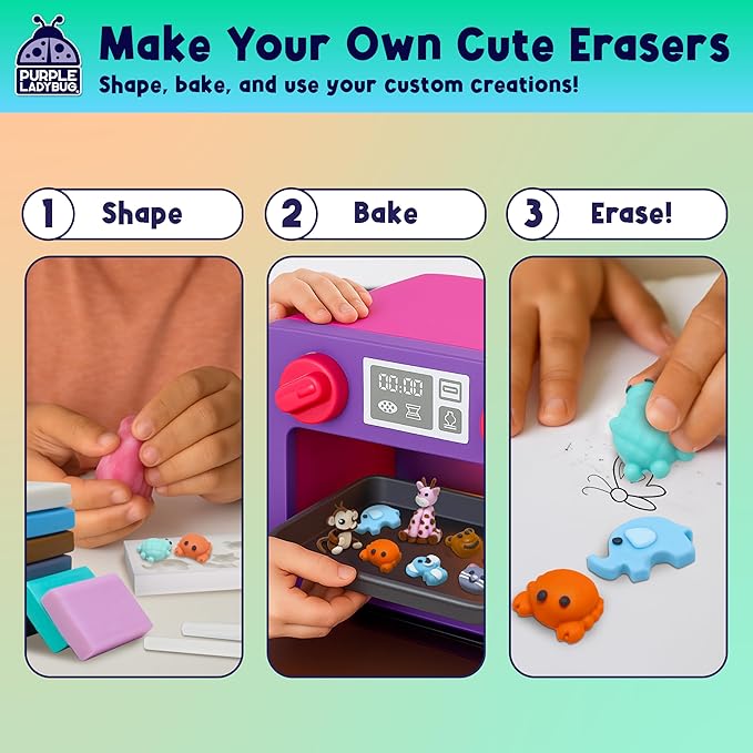 PURPLE LADYBUG DIY Clay Cute Mini Eraser Kit for Kids - Students Desk Pet Animals Make Your Own Erasers Kit, Arts and Crafts for Kids Ages 8-12 4-8, Ideal for School Supplies, Gifts & Creative Play