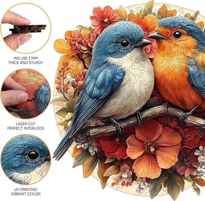 Wooden Jigsaw Puzzles -Twin Birds Wooden Puzzles for Adults, 200 Pcs Size 11.3'' x 11'', Luxurious Shaped Wood Puzzle, Beautiful Package, Best Gift for Adults, Family Game