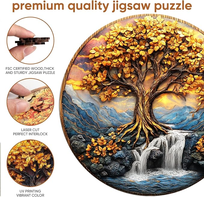 Wooden Puzzles for Adults, Tree of Life Waterfall River Wooden Jigsaw Puzzles 500pcs,16.5x16.5in, Royal, Unique Shape Adult Puzzles,Irregular Creative for Adults and Kids Family Game