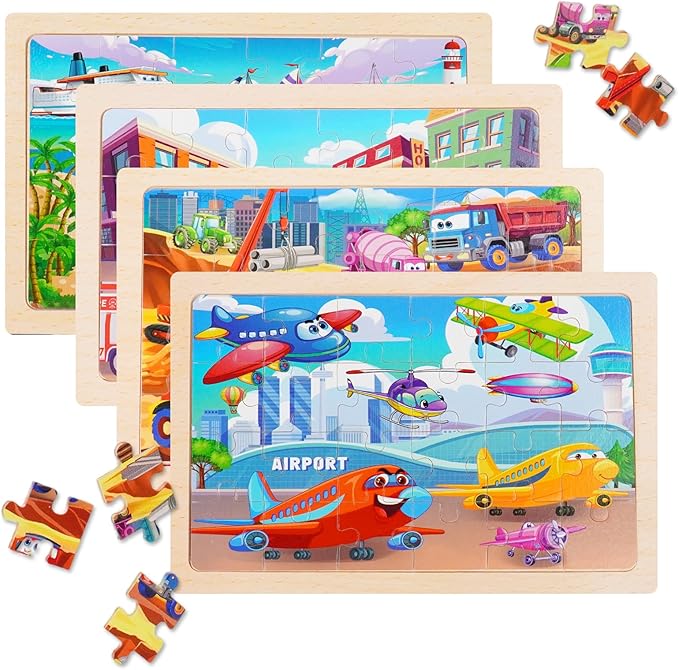 Wooden Jigsaw Puzzles for Kids Ages 3-6, 4 Pack with Vehicles Preschool Educational Toys, Toddler Puzzles Gift for 3 4 5 Year Old Boys Girls (Vehicles)