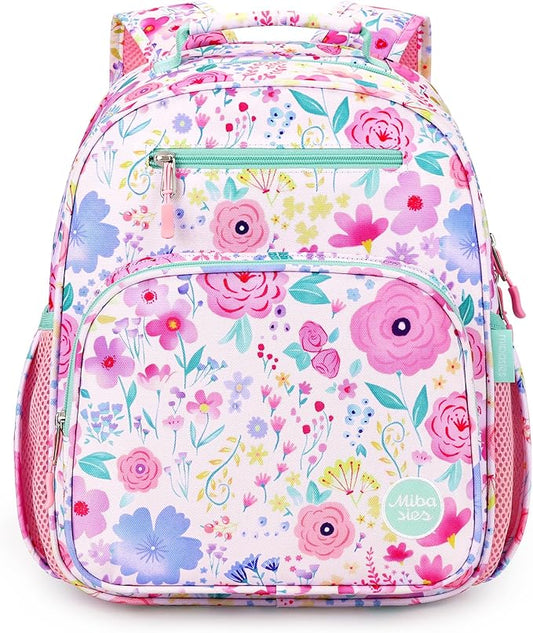 mibasies Kids Backpack for Girls: Girls Backpack 5-8 - Kindergarten Elementary School Bookbag for Girl - Flower Pink Turquoise