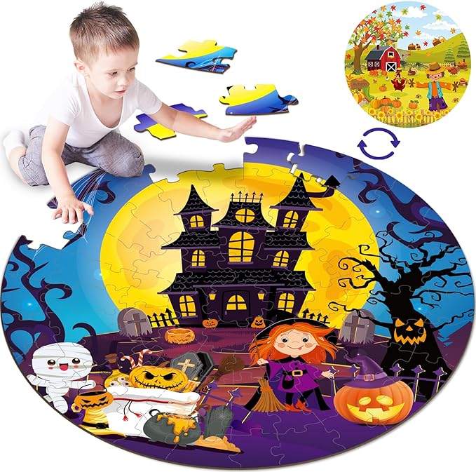71 PCS Halloween Thanksgiving Double Sided Floor Puzzle for Kids Ages 4-8 Large Jigsaw Puzzles Ages 3-5 Castle Pumpkin Fall Scarecrow Educational Learning Toys