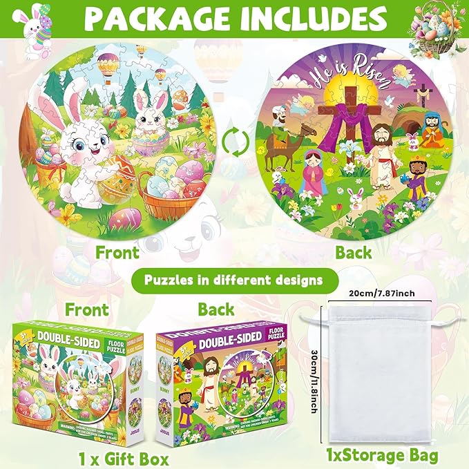 71Pcs Easter Jigsaw Puzzles for Kids Ages 3-5 4-8 Bunny Jesus Double Sided Puzzle for Kids Religious Easter Egg Round Floor Puzzles Happy Easter Party Supplies Preschool Brain Teaser Educational Toys